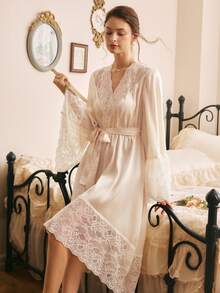 Côtesoire Elegant Vintage Mature Intellectual Loose Comfortable Brown Lace Patchwork Cross Collar Women's Nightgown, Suitable For Home Wear - Champagne - View 6