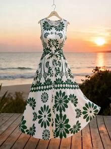 GlowEve Women's Vacation Style Placement Print Round Neck Sleeveless Waist Tie A-Line Dress - Multicolor - View 4