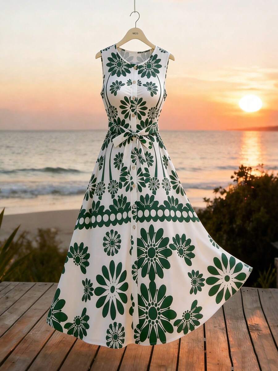 GlowEve Vestido de línea A con cuello redondo, sin mangas, con estampado de ubicación y lazo en la cintura, estilo vacacional para mujer