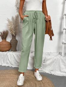Breezaya Petite 女士休闲斜插口袋打结亚麻质感长裤，春夏款 - 薄荷綠 - 查看 3