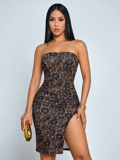 SOLERSUN Đầm cúp ngực thanh lịch, ôm sát, xẻ tà, chất liệu ren giả họa tiết hoa, phù hợp mặc hàng ngày, đi chơi và dự tiệc.