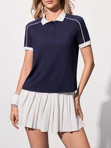 CourtClass Women's Summer Casual Sports Contrast Piping Tennis Polo Shirt Golf Outfit Women Polo Polo Shirts For Women Tennis Polo Women - Navy Blue - View 3