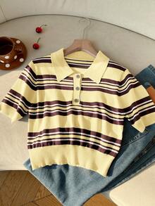 SHEIN EZwear Casual Striped Short Sleeve Knit Top, Spring/Summer - Yellow - View 8