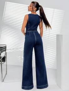 SHEIN Women Wide Leg Front Button Washed Fashionable Overall Denim Long Jumpsuit - Light Wash - View 2