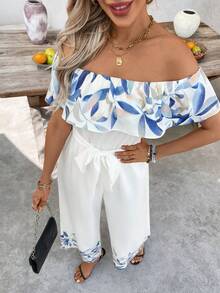 SHEIN Clasi Bộ jumpsuit nữ kiểu dáng thường ngày, in hoa, trễ vai, thích hợp cho kỳ nghỉ. - Màu be - Xem 7