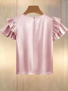 SHEIN Franclia 女士优雅褶皱短袖上衣，饰以珍珠，面料闪亮，适合外出和约会，春秋季穿着。 - 粉色 - 查看 2