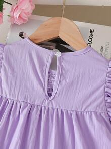 SHEIN Vintaside Kids 女童嬰兒藍夏季仙女派對7歲生日優雅甜美貼花圓領短袖荷葉邊下擺寬鬆時尚棉質洋裝，生日穿著 - 紫色 - 查看 9