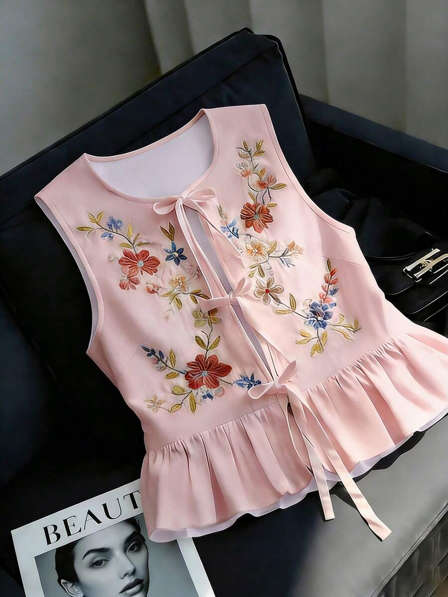 Franclia 优雅休闲无袖衬衫，领口饰有蝴蝶结，百搭实用，适合日常穿着、度假、派对、海滩、情人节、办公、通勤等场合。 - 粉色 - 查看 1