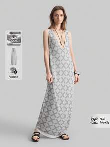 Ontre 2025 女式 V 领简约图案毛衣裙、长款吊带裙、时尚度假风格、简约复古 - 白色 - 查看 1