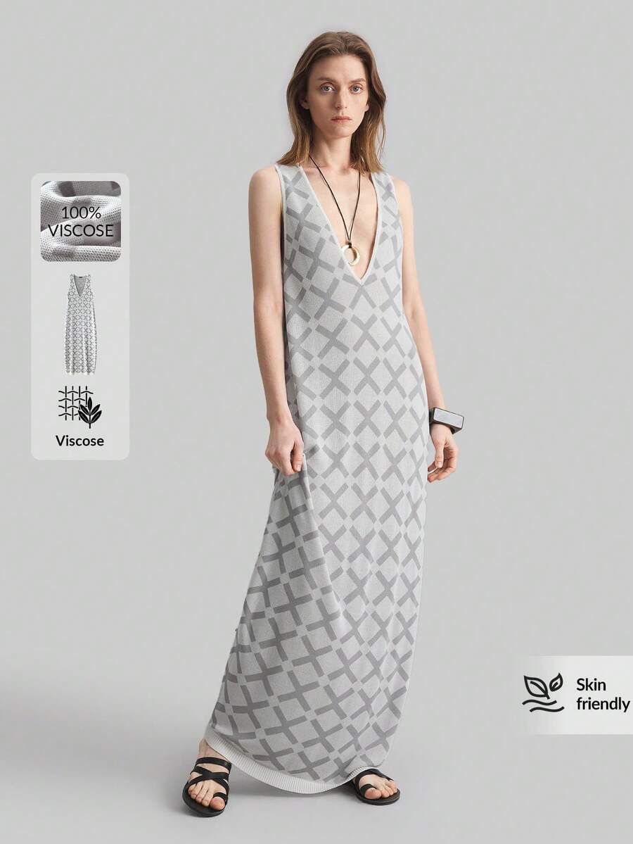 Ontre 2025 女式 V 领简约图案毛衣裙、长款吊带裙、时尚度假风格、简约复古 - 白色 - 查看 1