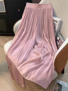 GlowEve CURVE Pantalones anchos de pierna ancha de satén metálico vintage para mujer de talla grande, verano - Rosa - Ver 2