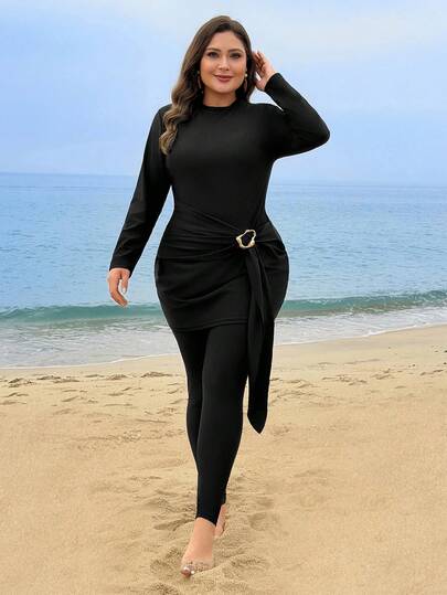 Swim Mulvari Conjunto de traje de baño de 2 piezas para mujer talla grande, diseño con decoración en la cintura, manga larga y pantalón largo, burkini para playa y resort