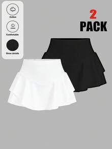 Comfortcana Quần short nữ màu trơn, viền bèo nhún, kiểu dáng thường ngày, thích hợp cho mùa hè. - Đen và trắng - Xem 1
