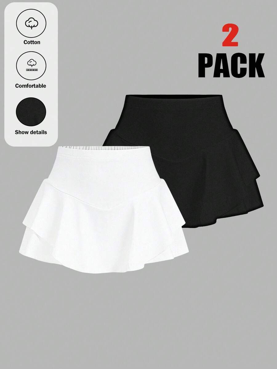 Comfortcana Quần short nữ màu trơn, viền bèo nhún, kiểu dáng thường ngày, thích hợp cho mùa hè. - Đen và trắng - Xem 1