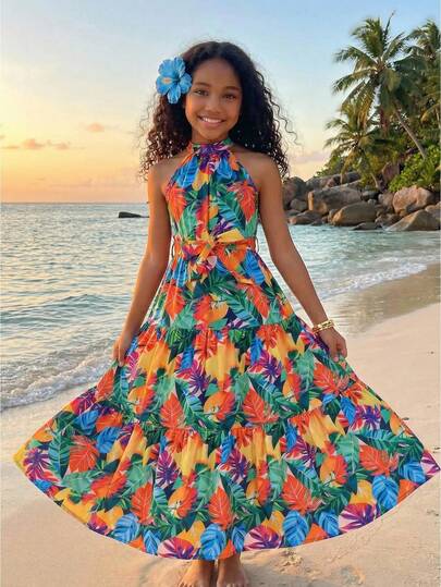 Tween Girls' Summer Fashionable Colorful Tropical Floral Print Backless Maxi Dress With Belt, Flowing & Comfortable, Suitable For Vacation