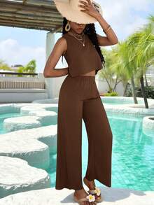 SHEIN 少女两件套：纯色无袖露脐上衣和纯色宽松长裤 - 棕色 - 查看 3