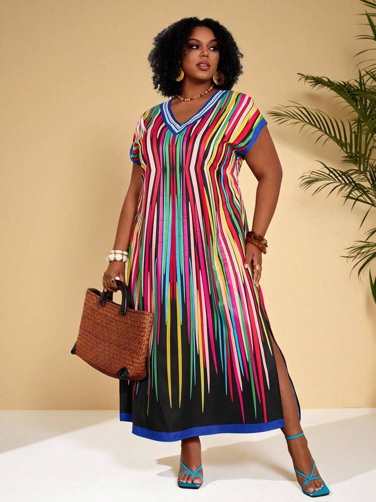 Plus Size Women Striped Print V-Neck Casual Vacation Short Sleeve Dress,Casual Long Dresses,Vacation Outfits Women,Floral Dresses For Women,Holiday Outfits For Women ,Spring Outfit Women Juneteenth Dresses Aomei Plus Size Dress Maweii Plus Size Dress Multicolor Dress Women Plus Size Dresses For Women Plus Size Resort Wear Colorful Striped Dress Summer Dresses For Women Women's Plus Size Dresses Women's Summer Dresses Maweii Plus Size Dress Vacation Casual Striped Plus Size Dress Women Vacation Outfit