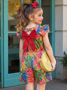 Sparklyn Mono de niña preadolescente con estampado de plantas tropicales, espalda descubierta, lazo decorativo y mangas de vuelo - Multicolor - Ver 4