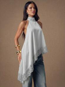 SHEIN BAE Áo hai dây satin hở lưng phối ren thanh lịch, kiểu dáng gợi cảm cổ yếm không tay, thích hợp cho tiệc tùng, cocktail, các dịp trang trọng, Giáng sinh, hoặc trang phục công sở thường ngày. - Màu Xám nhạt - Xem 4