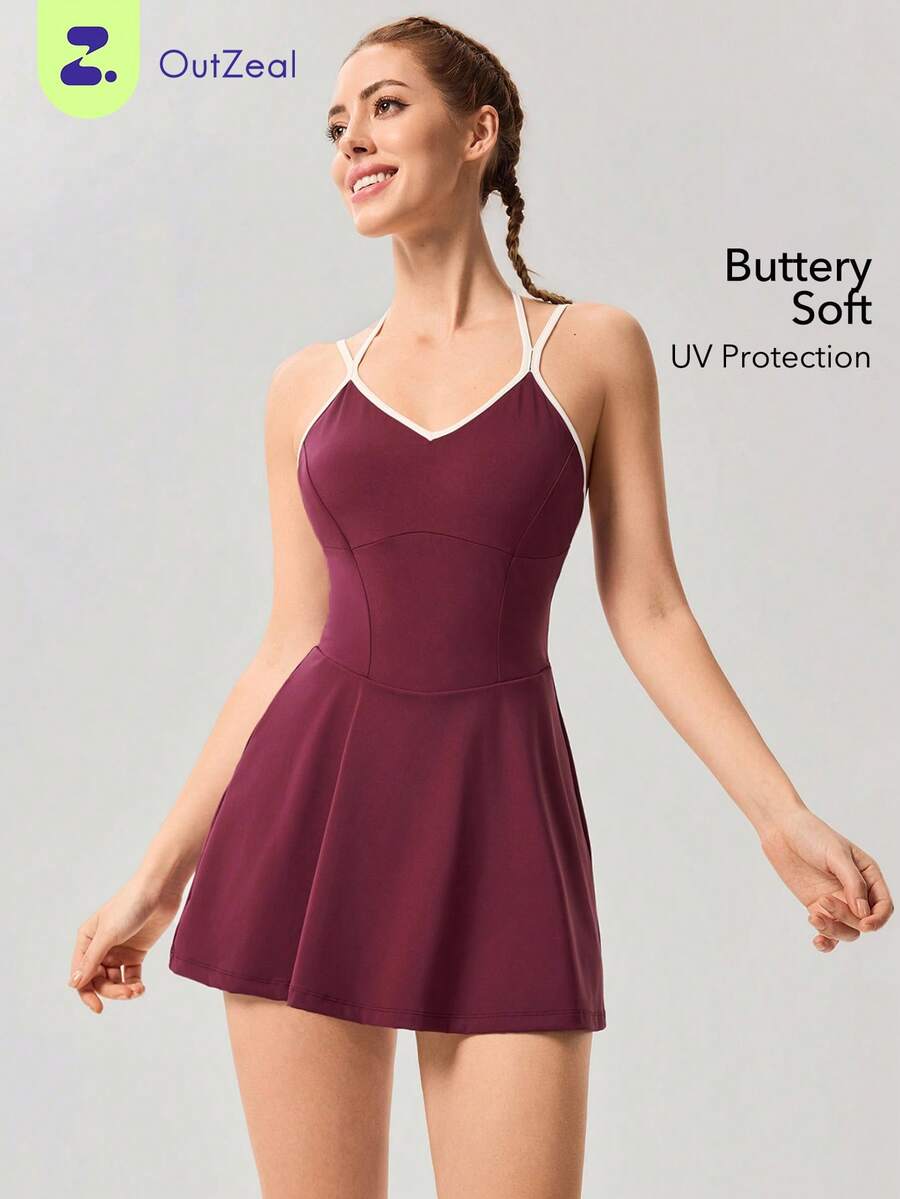 OutZeal 女士运动连衣裙 网球健身 四向弹力 丝滑柔软 内置文胸 短裤 - 酒紅色 - 查看 1