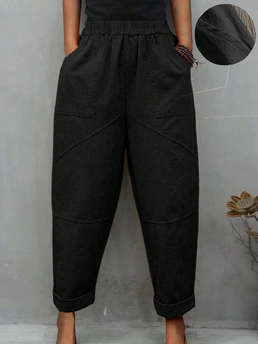 EMERY ROSE 單色休閒長褲，設有口袋和彈性腰帶 - 黑色 - 查看 1