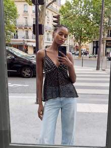 Áo hai dây cổ chữ V bằng lưới đính đá MAIJA dành cho kỳ nghỉ hè - màu đen - Xem 7