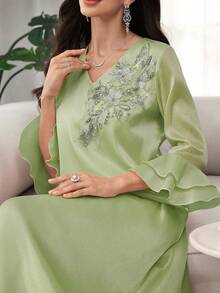 SHEIN Najma Đầm kiểu Ả Rập cổ chữ V đính cườm, tay bồng xếp lớp họa tiết hoa dành cho nữ, thích hợp cho mùa xuân/hè. - màu xanh lá - Xem 4