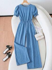 SHEIN Cute Tween Girl Aqua Blue Denim Jumpsuit,Summer Round Neck Ruffle Back Bow Decor Fashionable Casual Kids School Clothes,Country Concert Boho Outfit - Medium Wash - View 2