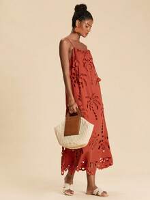 Travachic 女士休闲镂空椰树吊带连衣裙，适合度假 - 鏽棕色 - 查看 4