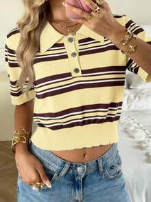 SHEIN EZwear Casual Striped Short Sleeve Knit Top, Spring/Summer - Yellow - View 7