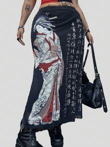 Whyspr 休闲优雅简约中式唐装网纱印花修身中长连衣裙，适合大码女性 - 黑色 - 查看 3