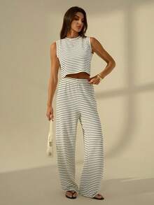 SHEIN Tall Bộ đồ nữ 2 món gồm áo tank top và quần dài kẻ sọc, kiểu dáng thường ngày. - Đen và trắng - Xem 7