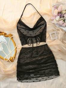 女士性感蝴蝶结网纱睡衣套装 - 黑色 - 查看 2