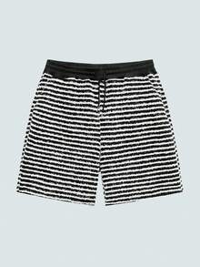 Modcrash Men's Striped Drawstring Waist Pocket Casual Versatile Daily Wear Shorts - Black and White - View 1