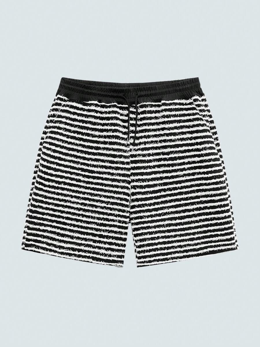 Modcrash Men's Striped Drawstring Waist Pocket Casual Versatile Daily Wear Shorts - Black and White - View 1