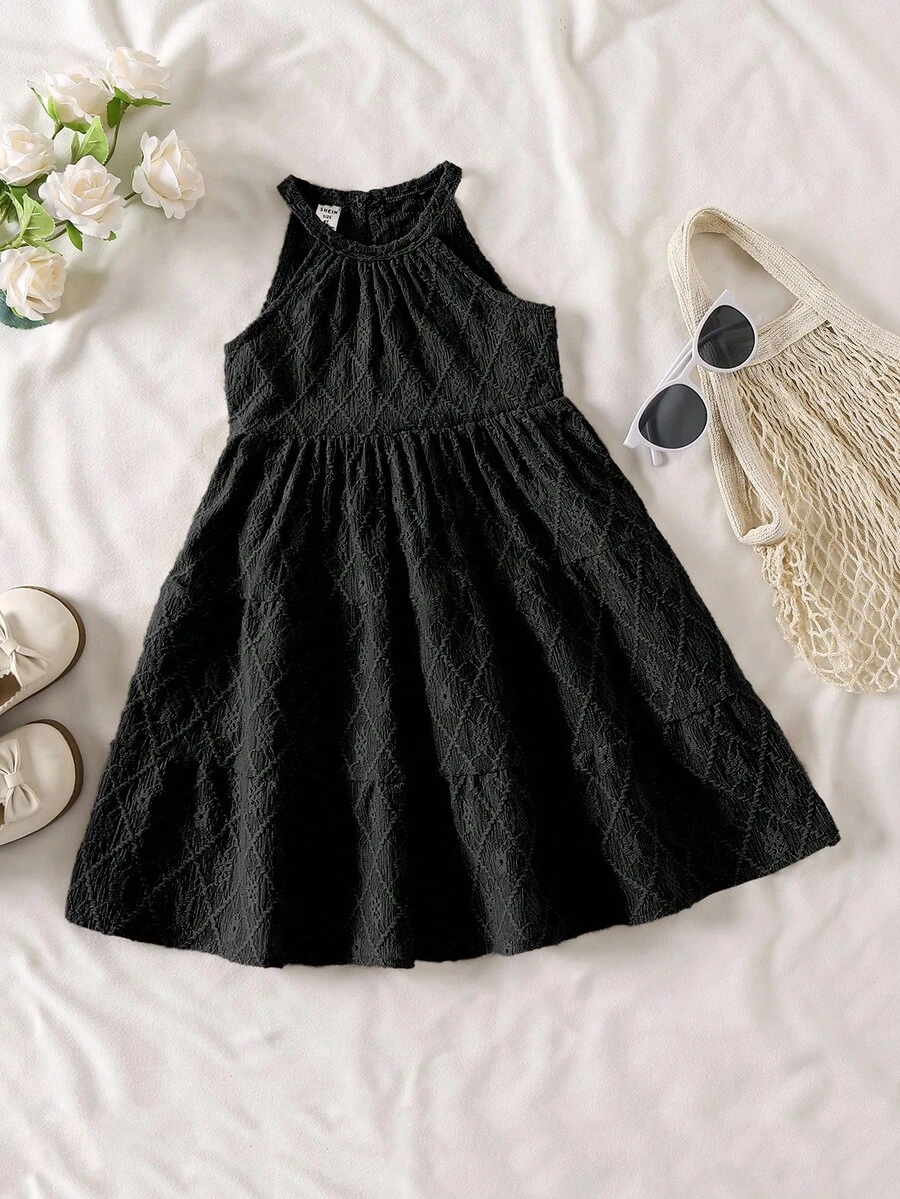 SHEIN Vintaside Kids 女童夏季休闲纯色吊带连衣裙 - 黑色 - 查看 1