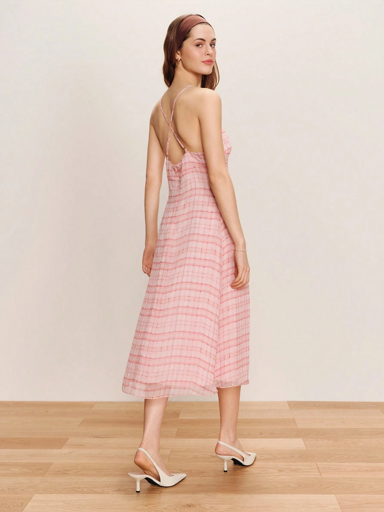 Pink Fitted Checked Midi Dress Crossed Back Straps, Cut Out Front Detail Cute Romantic Dress Spring Summer Holiday Dress Summer Dress French Style Parisian Style