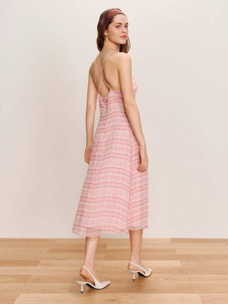 Pink Fitted Checked Midi Dress Crossed Back Straps, Cut Out Front Detail Cute Romantic Dress Spring Summer Holiday Dress Summer Dress French Style Parisian Style