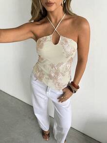 Siren Gaze Top court bustier à lacets avec motif floral pour femmes, hauts sans bretelles, hauts à lacets, Top tube en dentelle, hauts corset pour femmes, Top fleuri brodé pour femmes, Top bandeau pour femmes, hauts d'été pour femmes, tenues d'été pour femmes, nouveautés de hauts pour femmes - Nude - Voir 7