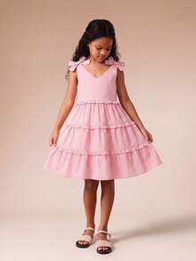 SUMWON Đầm midi xòe cổ chữ V màu hồng kẻ caro cho bé gái tuổi teen, có nơ ở vai, thích hợp cho các buổi tiệc mùa hè. - Hồng - Xem 3