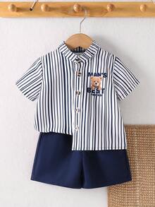 SHEIN Playful Pals 6-36个月婴幼儿两件套，男女宝宝通用卡其色条纹小熊印花短袖衬衫+纯色弹力腰短裤，适合春夏日常休闲穿着及度假。 - 藍色 - 查看 3