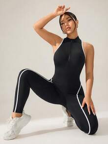 Seamluxe SHEIN Sport 女士撞色拉链无袖运动连体裤 - 黑色 - 查看 2