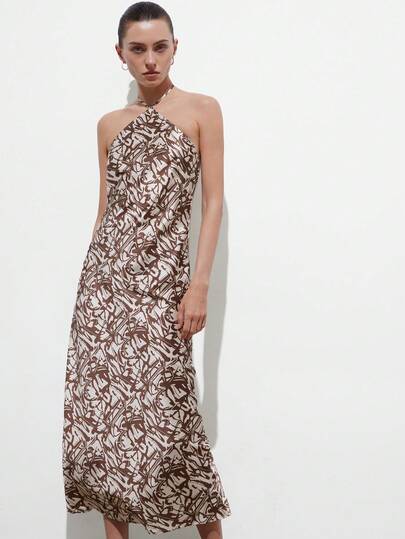 Aveloria Modichic Women's Printed Satin Halter Neck Sleeveless Slim Fit Straight Midi Dress With Abstract Texture Backless Design Elegant Dating Vintage Modern Style Brown Color Elegant Dresses For Women Brown Dress Wedding Guest Dress For Women