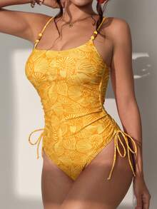 Swim Mod 女士全身印花串珠装饰休闲吊带连体泳衣 - 黃色 - 查看 8