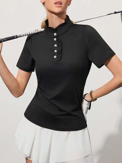 CourtClass 女士纯色纽扣半开襟短袖高尔夫球衫