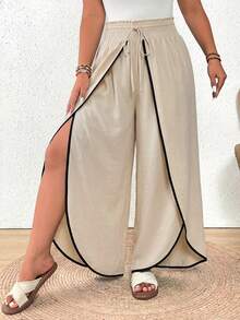 SHEIN Frenchy Quần sọc cỡ lớn, quần ống rộng cạp cao, thích hợp cho mùa hè, kỳ nghỉ và thể thao. - Màu be - Xem 1
