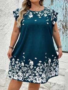SHEIN CURVE+ Plus Size Boho Blue Teal Floral Print Summer Dress,Round Neck Ruffle Detail Woven Fabric Short Vacation Holiday Beach Outfits For Woman,Tea Party - Teal Blue - View 4