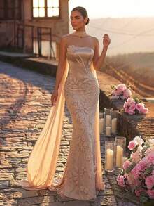 Glamrae Elegante y lujoso vestido largo de sirena con hombro descubierto, bordado con encaje y perlas, adecuado para bodas, fiestas, vacaciones, bailes y ocasiones formales (resistente) - Albaricoque - Ver 7