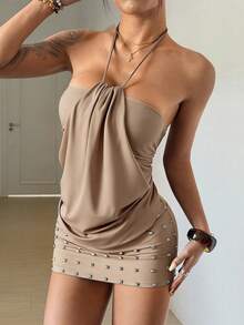 StreetHx Đầm mini ôm sát gợi cảm, hở lưng, buộc dây phía trước, đính hạt cườm, thời trang dành cho nữ, thích hợp cho mùa hè. - Màu be - Xem 3