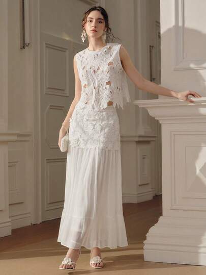 Anewsta Elegant 3D Floral Chiffon Patchwork White A-Line Midi Skirt, Spring/Summer